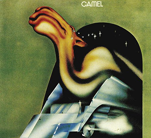 Surreal illustration of a camel head emerging from a metallic structure against green background.