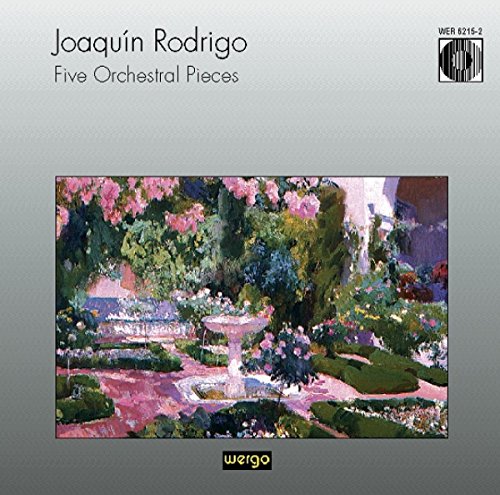CD cover for Joaquín Rodrigo’s “Five Orchestral Pieces” with a garden scene.