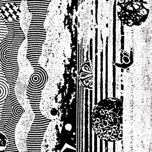 Black and white abstract vinyl record cover with swirling and linear patterns.