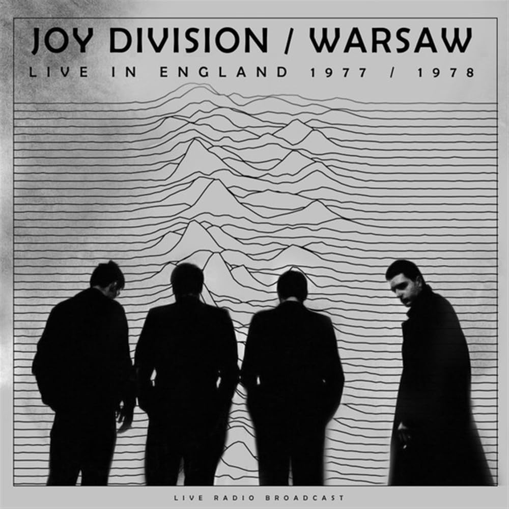 Joy Division/Warsaw album cover: silhouetted band before linear mountain drawing.