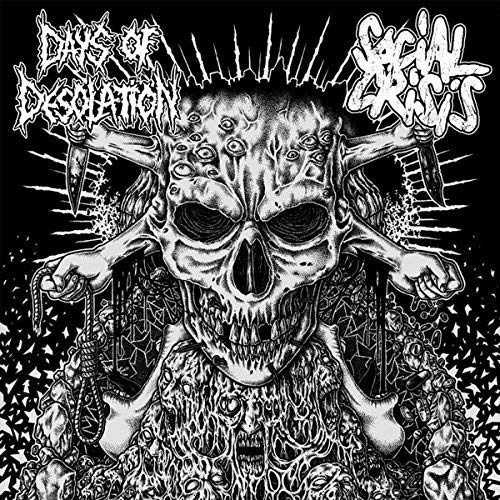Black and white album cover with a skull, knives, and band logos.
