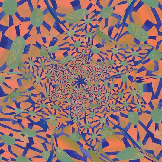 Abstract vinyl record cover with swirling green, blue, and orange shapes.