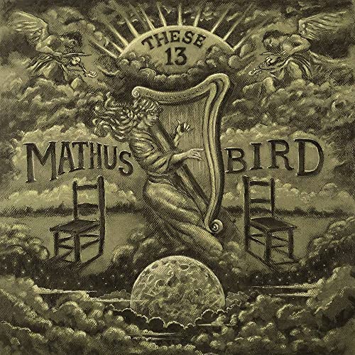 Vintage-style album cover with a woman playing a harp, angels, and chairs.