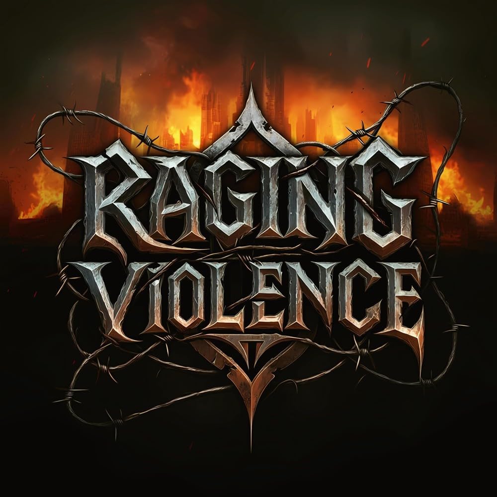 Raging Violence" album cover with fiery cityscape and barbed wire frame.