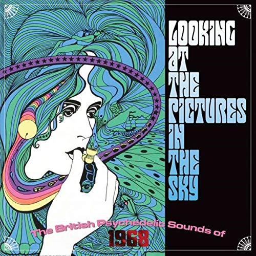 Psychedelic illustration of a woman with flowing hair and text on a black background.