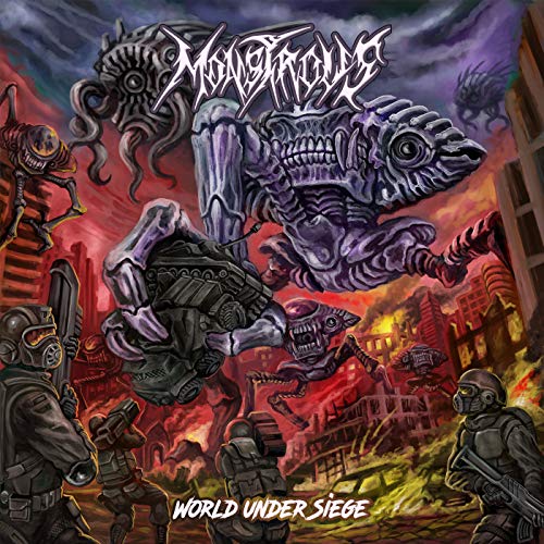 CD cover for "Monstrous - World Under Siege" depicting monstrous figures and destruction.