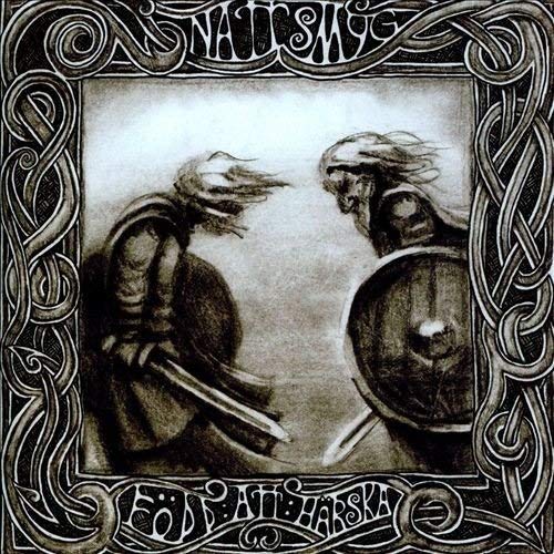 Black and white drawing of two figures with swords and shields facing each other.