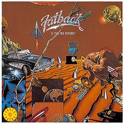 CD cover: surreal landscape with a car, hand, and rocket ship.