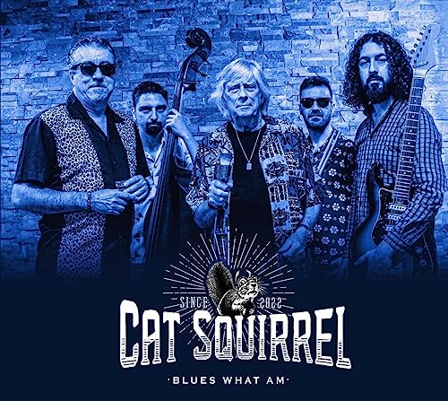 Five musicians with instruments pose in front of a brick wall and squirrel logo.