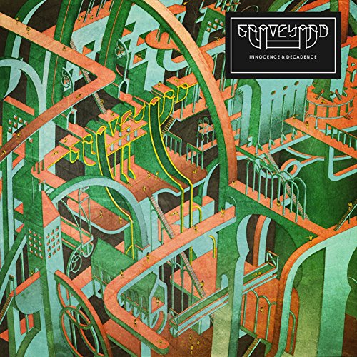 Graveyard album cover, “Innocence & Decadence”, abstract green and orange art.