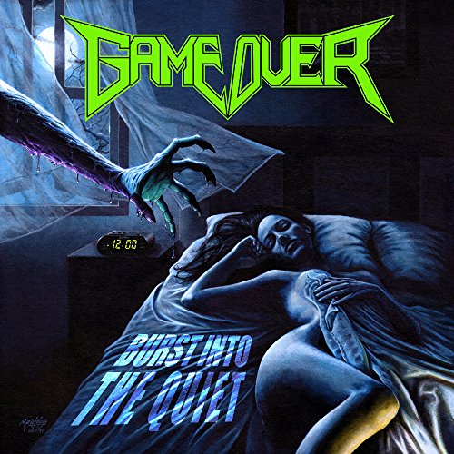 Horror album cover with ghostly figure over a woman in bed.