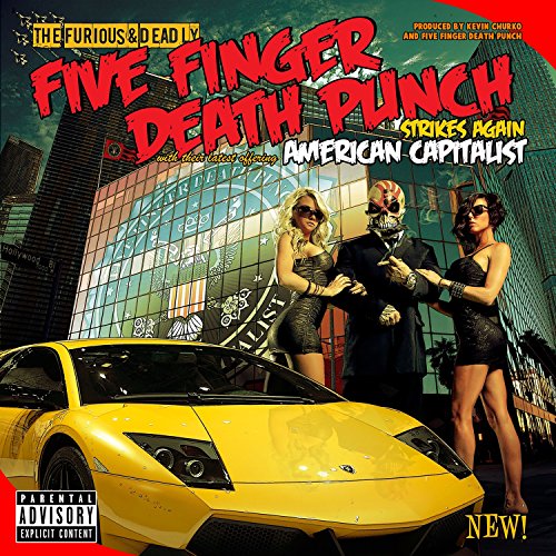 CD cover for Five Finger Death Punch’s “American Capitalist” with car and figures.