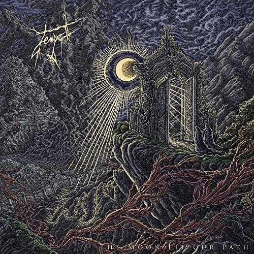 Dark fantasy album cover with a moonlit, ornate structure on a cliff.
