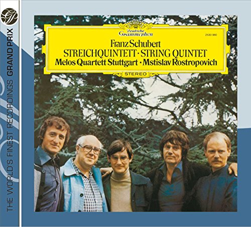 CD cover featuring musicians and trees, titled “Franz Schubert String Quintet.”