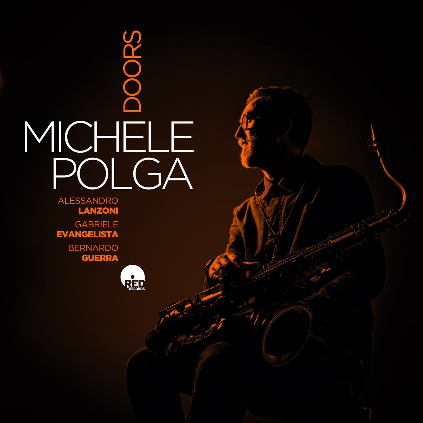 CD cover for Michele Polga’s “Doors” featuring a saxophonist’s profile.