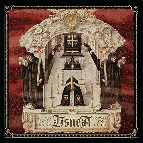 Ornate album cover with hooded figures flanking a central, dark structure.
