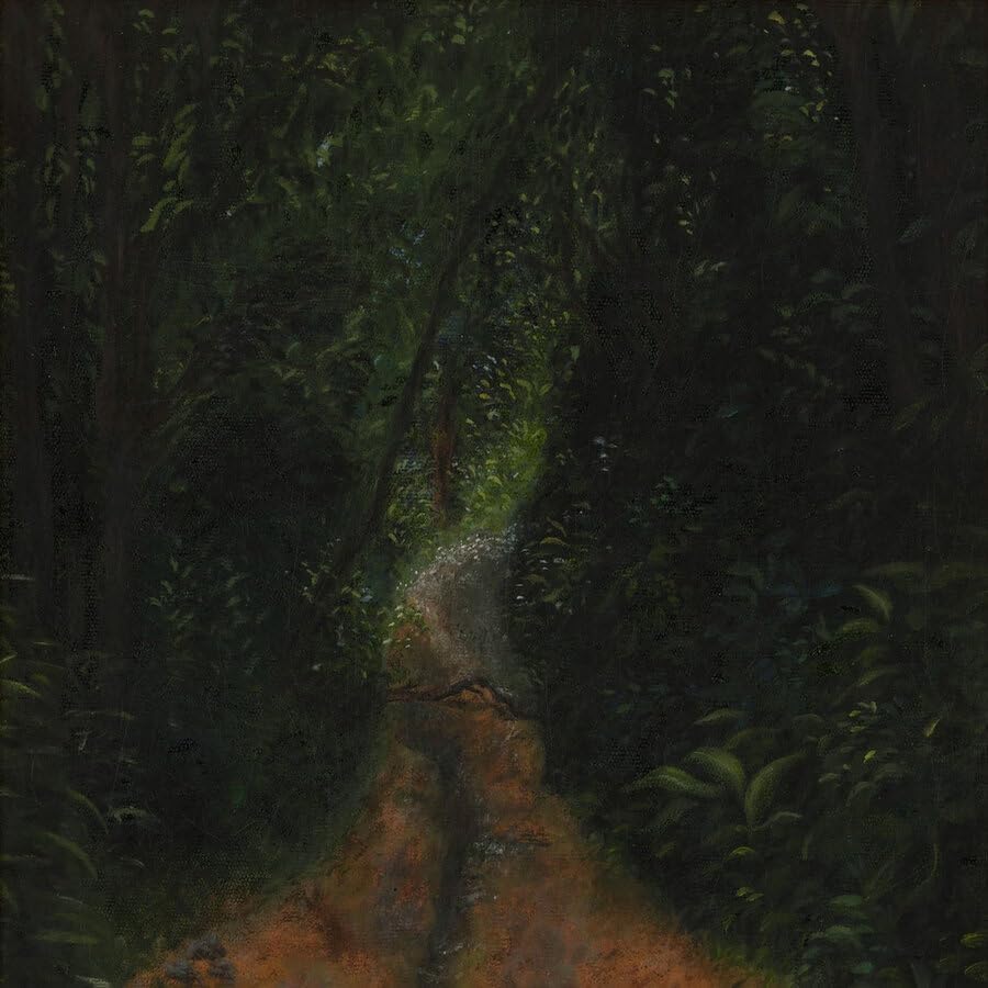 Dark, impressionistic painting of a path through dense, green foliage.