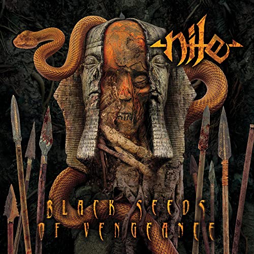 Nile album cover: distorted face framed by statues, snakes, and spears.