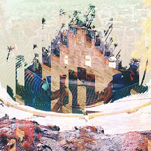 Surreal collage of ancient stone ruins, palm trees, and a theater with distorted textures.