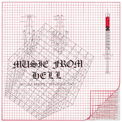 Album cover with red grid, anatomical drawings, a syringe, and gothic text Music From Hell.