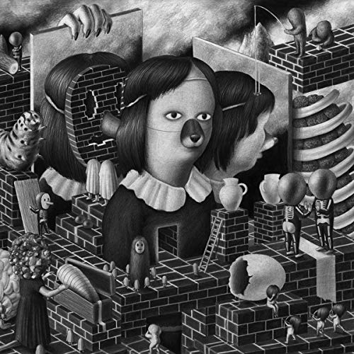 Black and white album cover with surreal, distorted figures and brick structures.