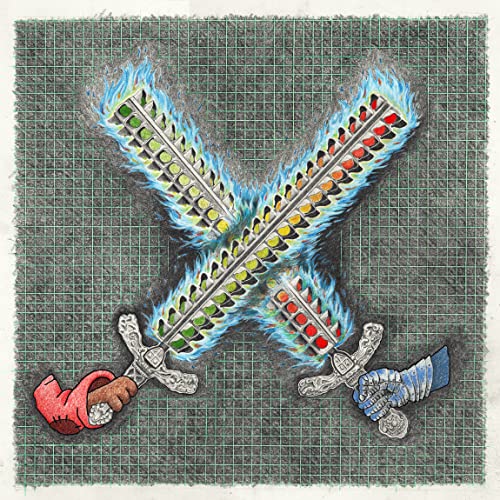 Two crossed flaming swords with colorful blades against a grid background.