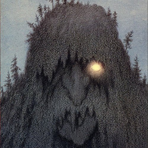 Dark, textured face formed from trees with a glowing yellow eye.