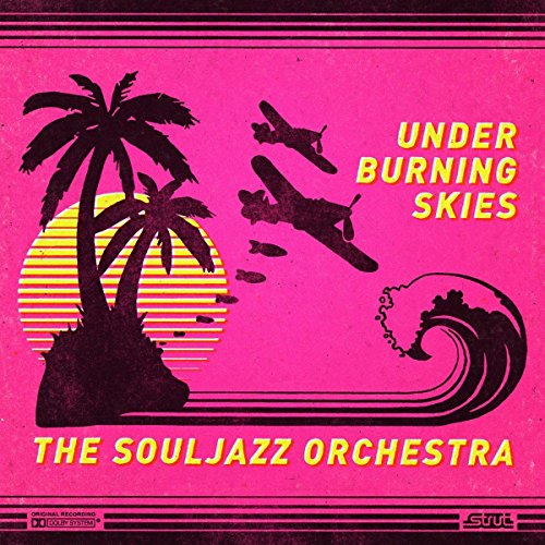 CD cover: palm trees, airplane, wave, and sunset on pink background.