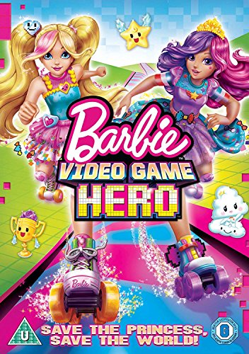 Barbie and friends roller skating on a pink and purple digital road.