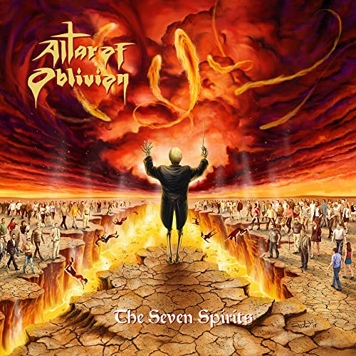 CD cover art: skeletal figure conducting over a fiery, cracked landscape.
