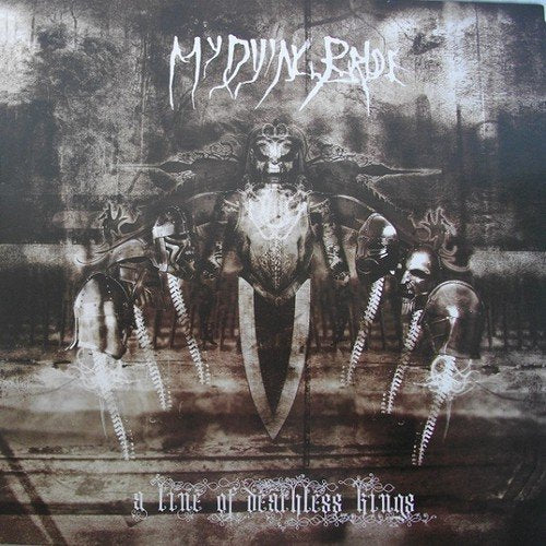 Dark album cover featuring armored, skeletal figures and gothic lettering.