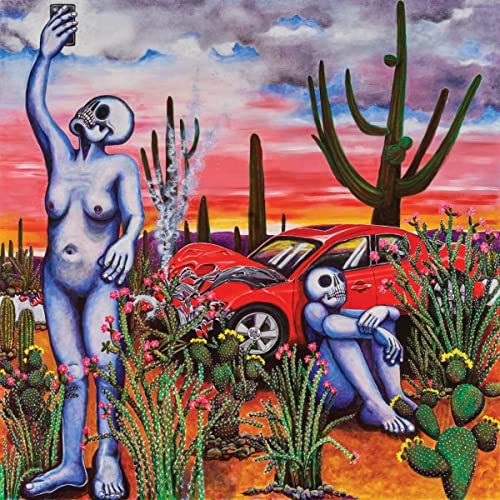 Album cover with surreal desert landscape, skeletons, and a red car.