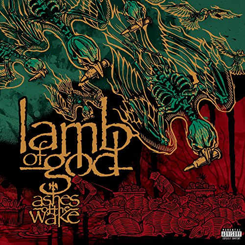 Lamb of God album cover: skeletal figures and birds in gold and green.