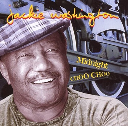 CD cover featuring Jackie Washington smiling beside a vintage train.
