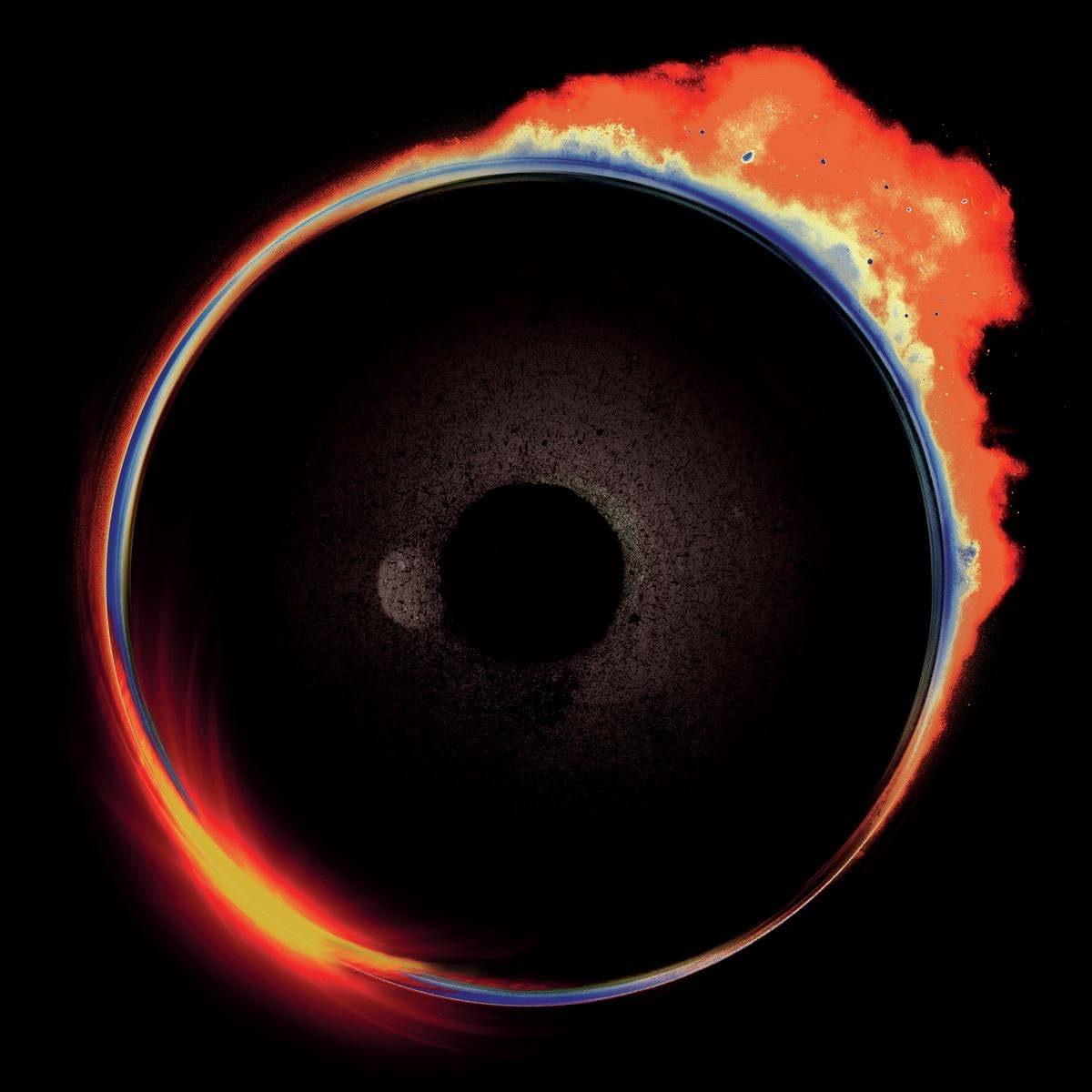 Black vinyl record with abstract orange and blue swirling design.