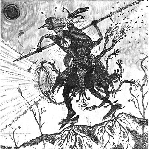 Intricate black and white illustration of a fantastical, armored figure with a spear.