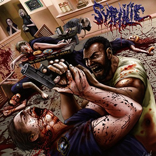 CD cover depicting violent scene with figures, blood, and guns.