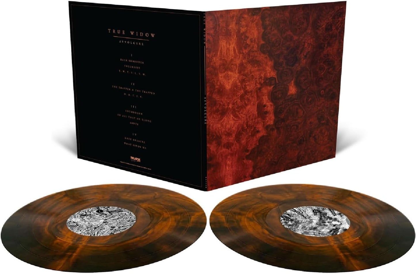 Vinyl record of True Widow’s “Avvolgere,” featuring album artwork on dark disc.