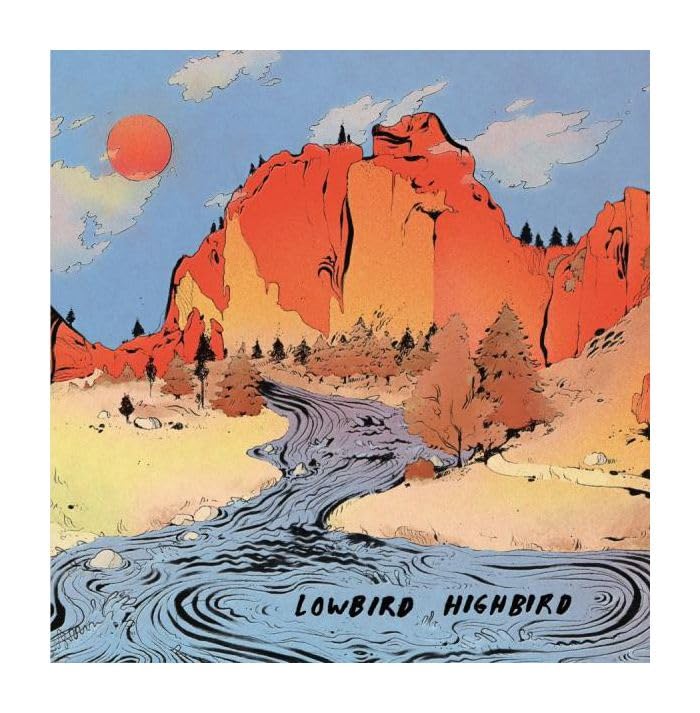 Red rock formation with river, under a bright orange sun, album cover.