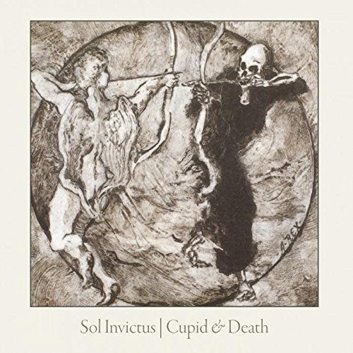 Sketch of Cupid and Death figures aiming bows within a circle.