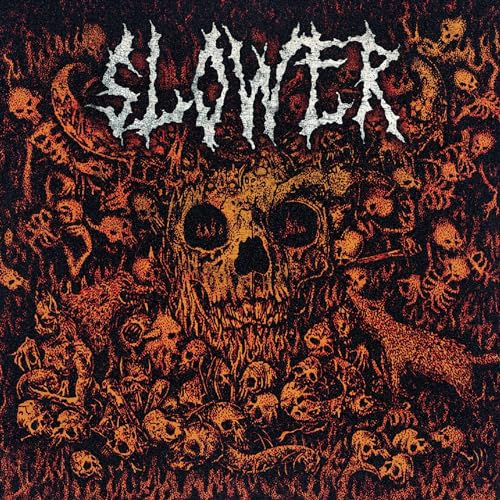 Album cover for "Slower" featuring a skull surrounded by skulls and foliage.
