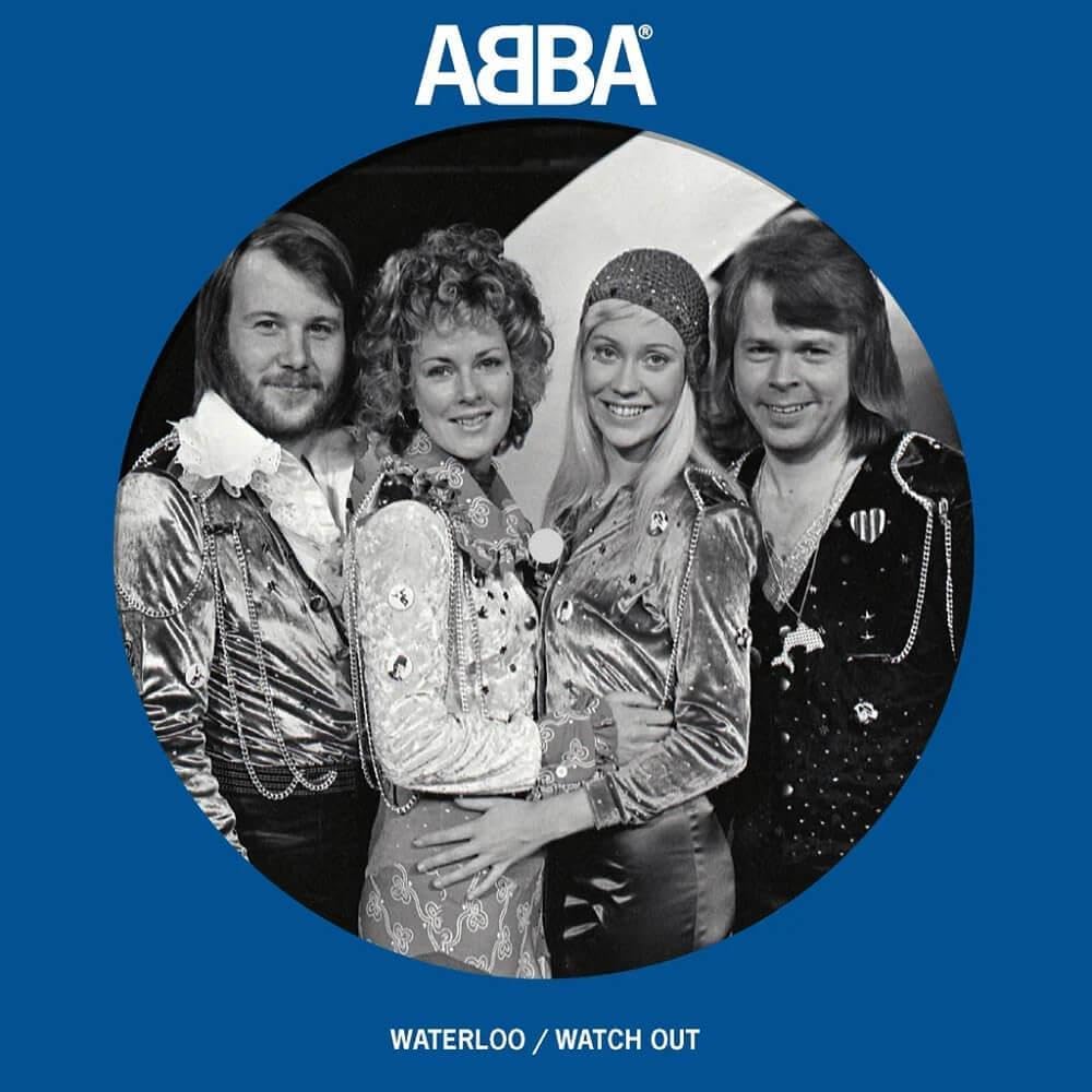 Black and white photo of ABBA, record label design for "Waterloo/Watch Out".