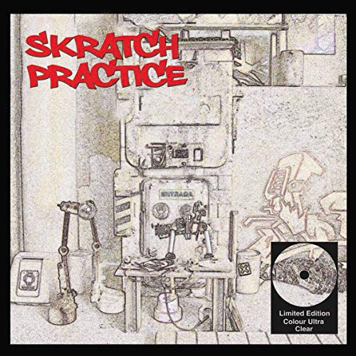 Sketch of industrial machinery with "Skratch Practice" text and clear vinyl record inset.