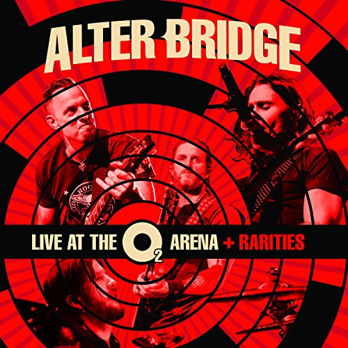 Alter Bridge band members in a circular red and black album cover.
