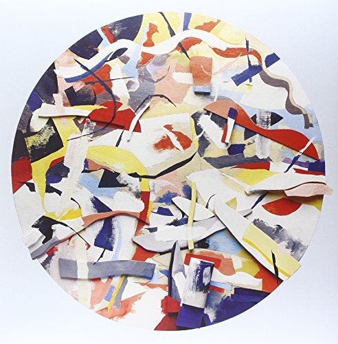 Abstract colorful collage on a circular vinyl record surface.