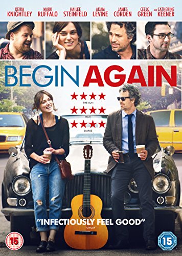 Begin Again" DVD cover with Keira Knightley, Mark Ruffalo, and a guitar.