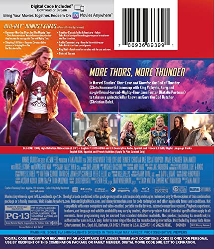Blu-ray case back for "Thor: Love & Thunder" featuring Chris Hemsworth.