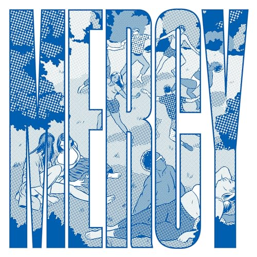 Blue and white album cover with figures integrated into the word "MERCY".