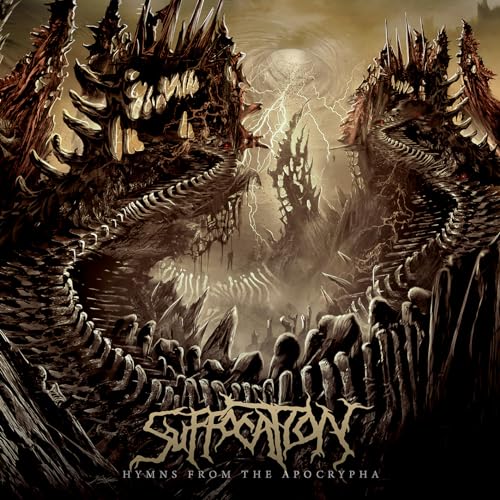 Dark, detailed album cover for Suffocation’s “Hymns From The Apocrypha” CD.