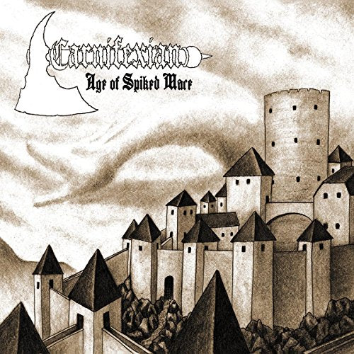 Sketch of a medieval castle with band logo and album title above.